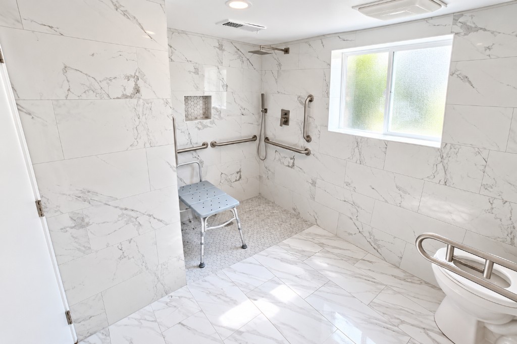 Walk-in shower with seating and grab bars